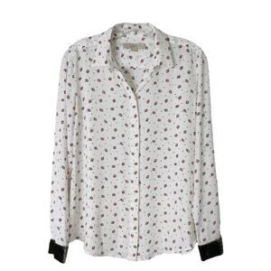 Loft white red green floral chiffon velvet button cottagecore preppy top small